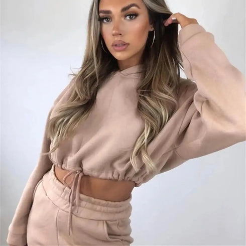 Women’s Winter and Autumn Two-Piece Tracksuit - Oversized Sweatshirt Solid Color Sportswear Hoodie - Warms Hoodies